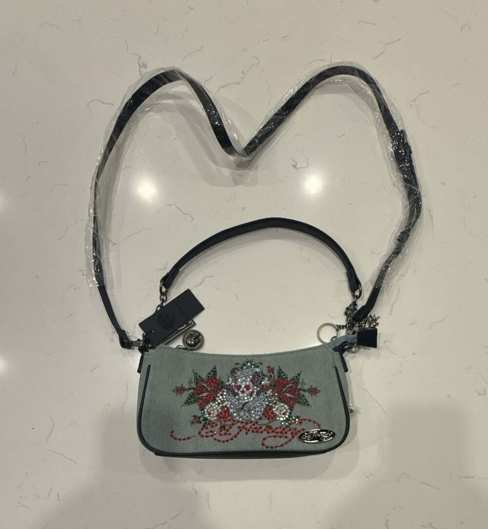Ed Hardy Love Kills Slowly Denim Rhinestone Shoulder Bag